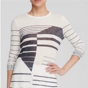 Vince Linen Sweater Top XS Women's White Gray Geometric Lightweight Modern Artsy